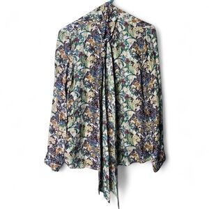 Zara Bow Top Blouse Silk Blend Floral Pattern Sz S